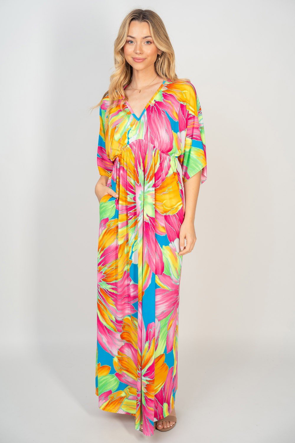 Multicolor Tropical Print V-Neck Maxi Dress with PocketsMaxi DressWhite Birch