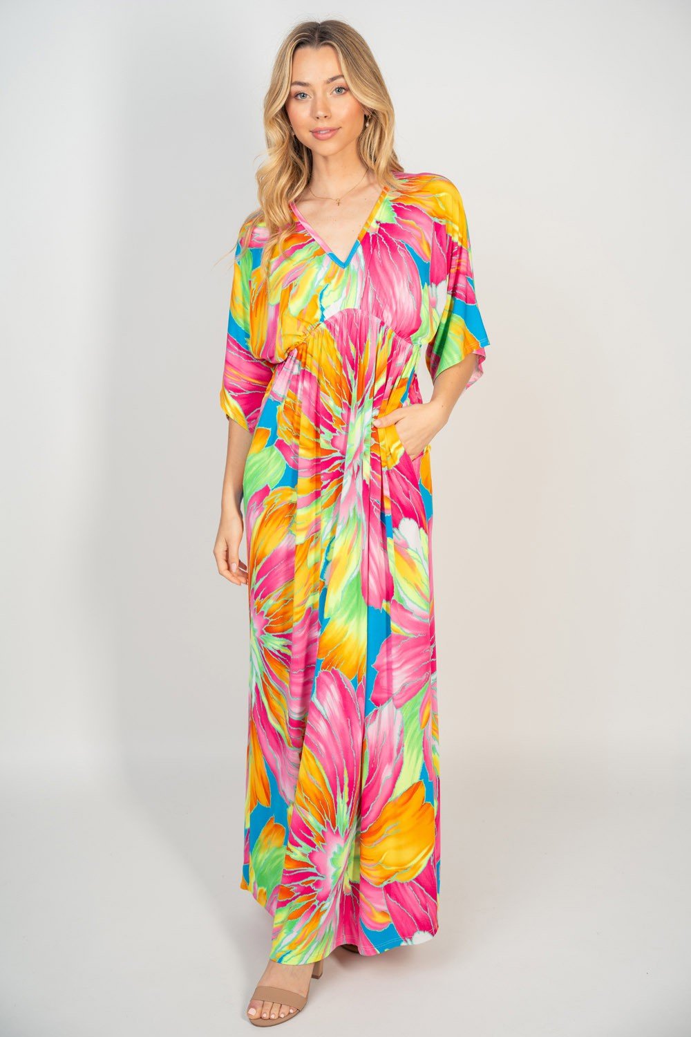 Multicolor Tropical Print V-Neck Maxi Dress with PocketsMaxi DressWhite Birch