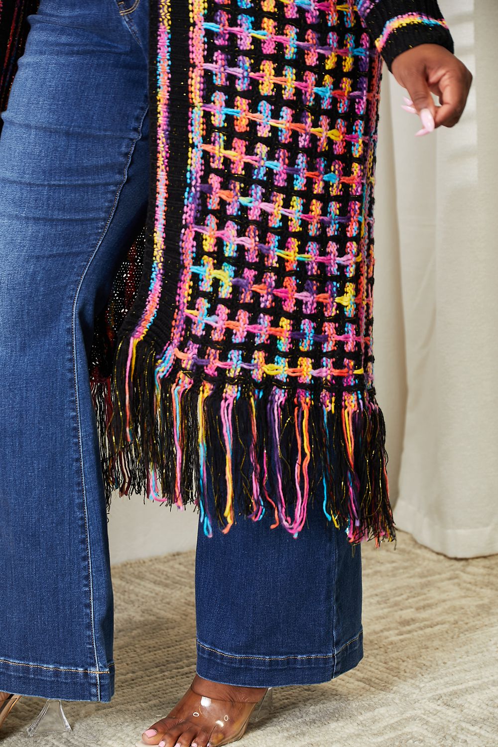 Multicolored Open Front Fringe Hem CardiganCardiganDouble Take