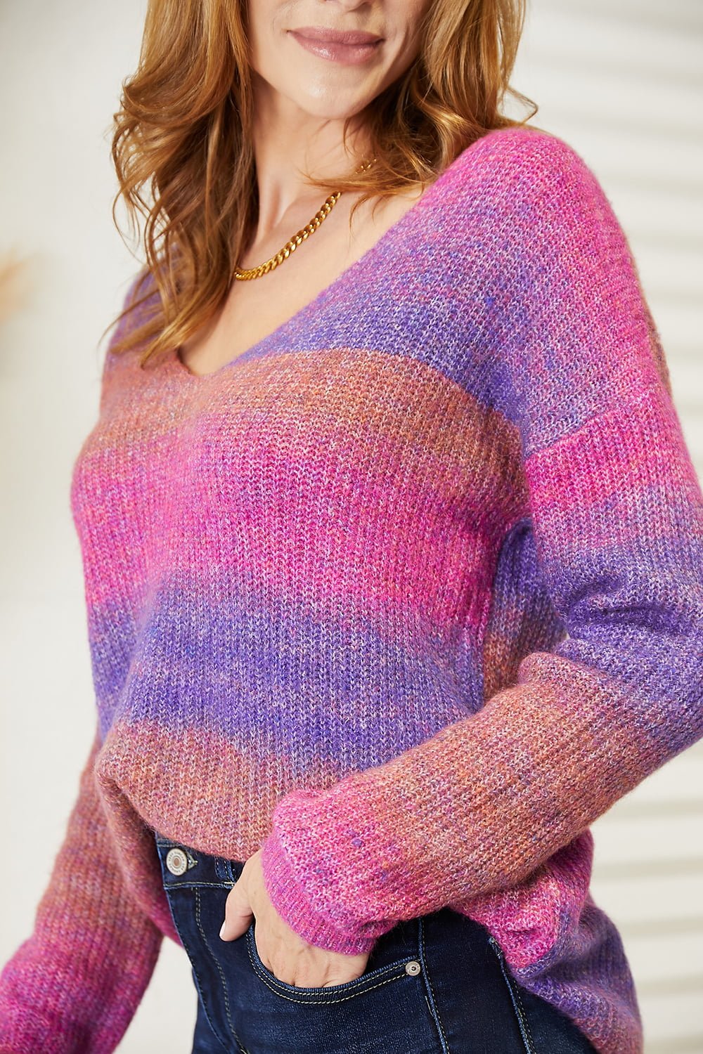 Multicolored Rib-Knit V-Neck Knit Pullover SweaterSweaterDouble Take