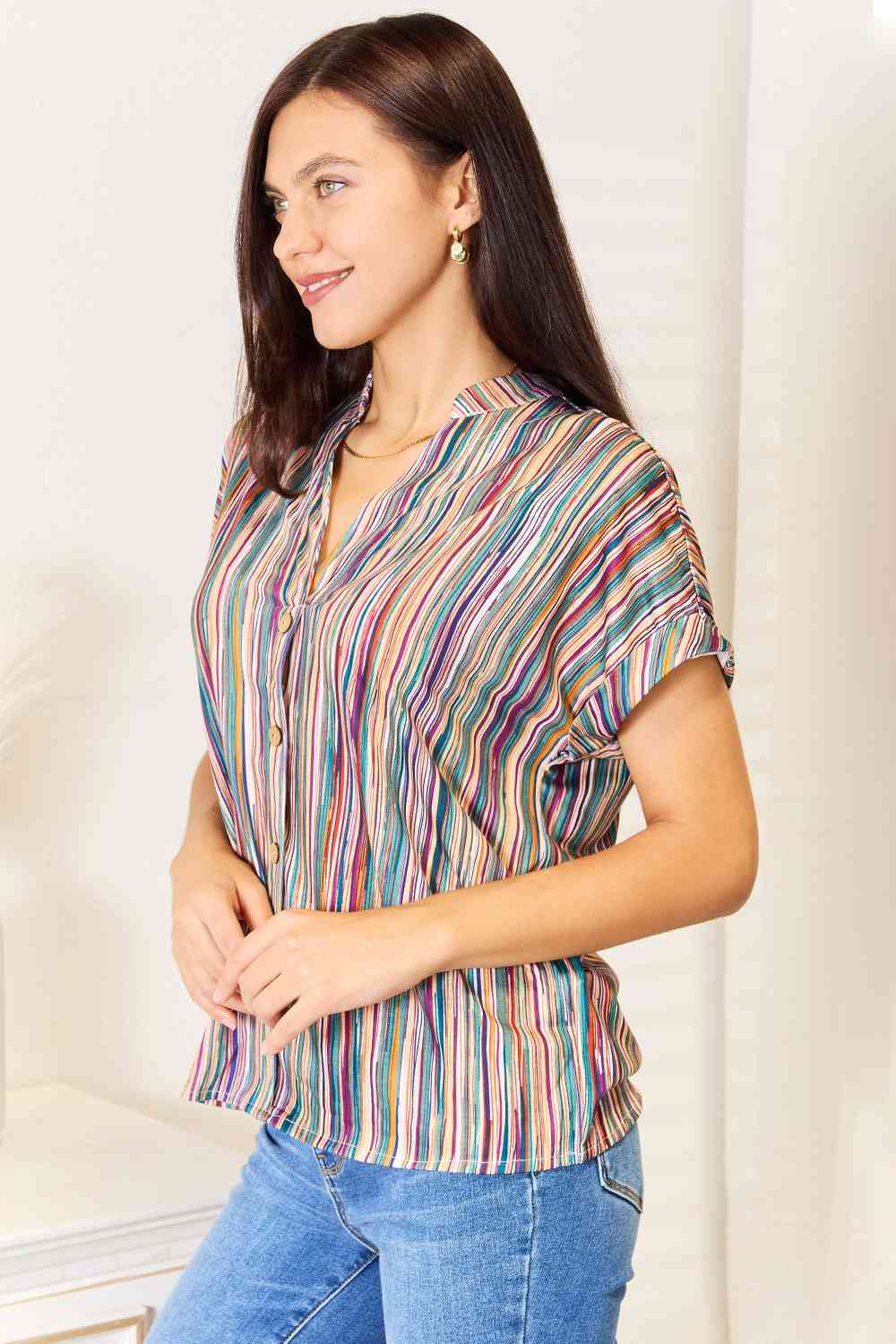 Multicolored Stripe Notched Neck TopTopDouble Take