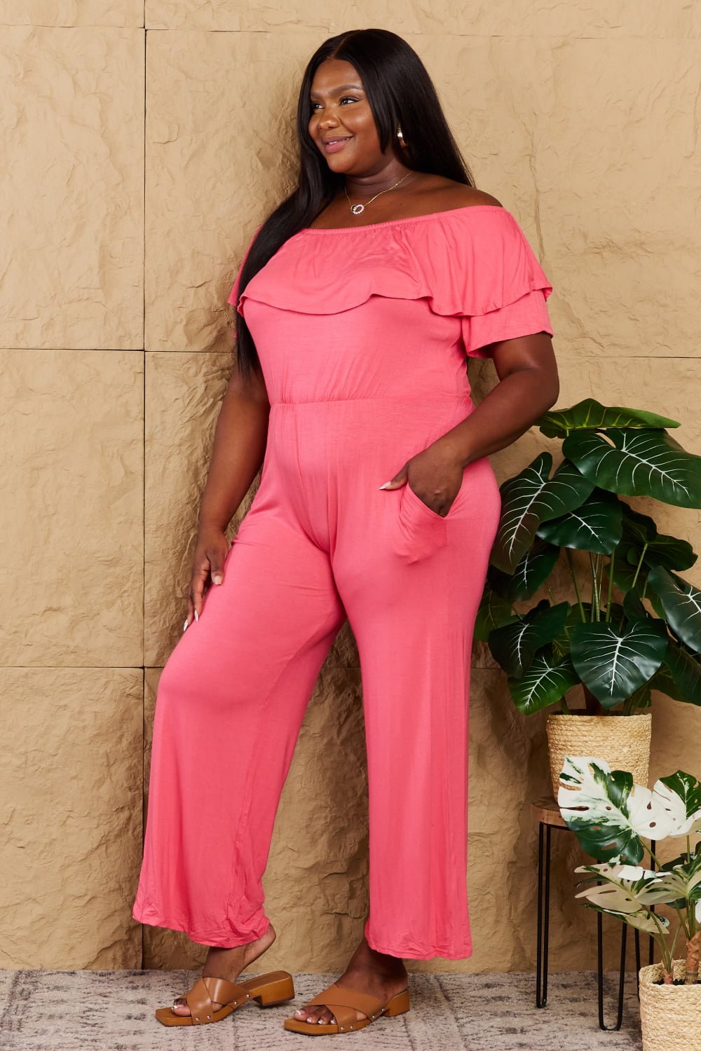 Off-Shoulder Ruffles Jumpsuit with Pockets in CoralJumpsuitHeimish