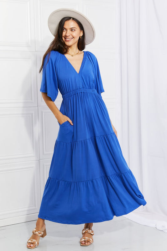 Flare Sleeve Tiered Midi Dress in Cobalt BlueMidi DressCulture Code