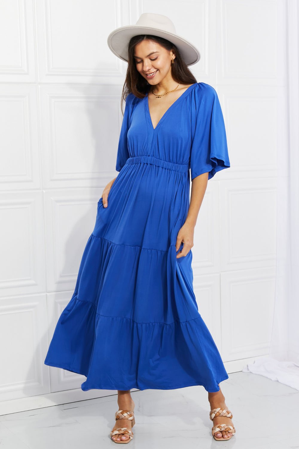 Flare Sleeve Tiered Midi Dress in Cobalt BlueMidi DressCulture Code