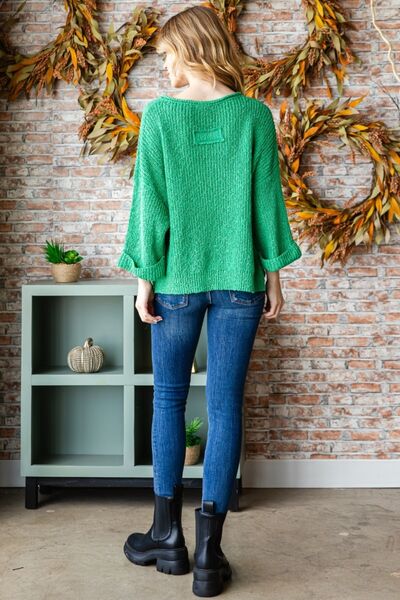 Notched Neck Long Sleeve Sweater in GreenSweaterVEVERET