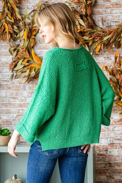 Notched Neck Long Sleeve Sweater in GreenSweaterVEVERET