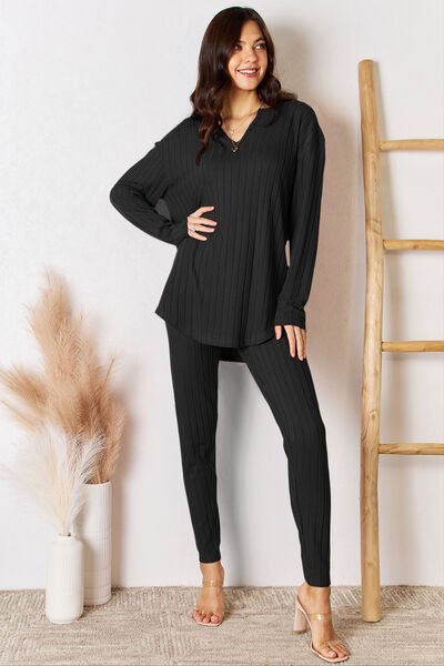 Notched Neck Long Sleeve Top and Pants SetPants SetBasic Bae