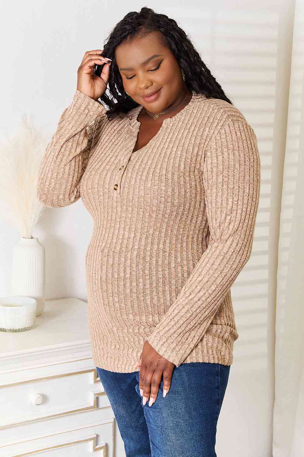 Notched Neck Ribbed Long Sleeve T-ShirtTeeDouble Take