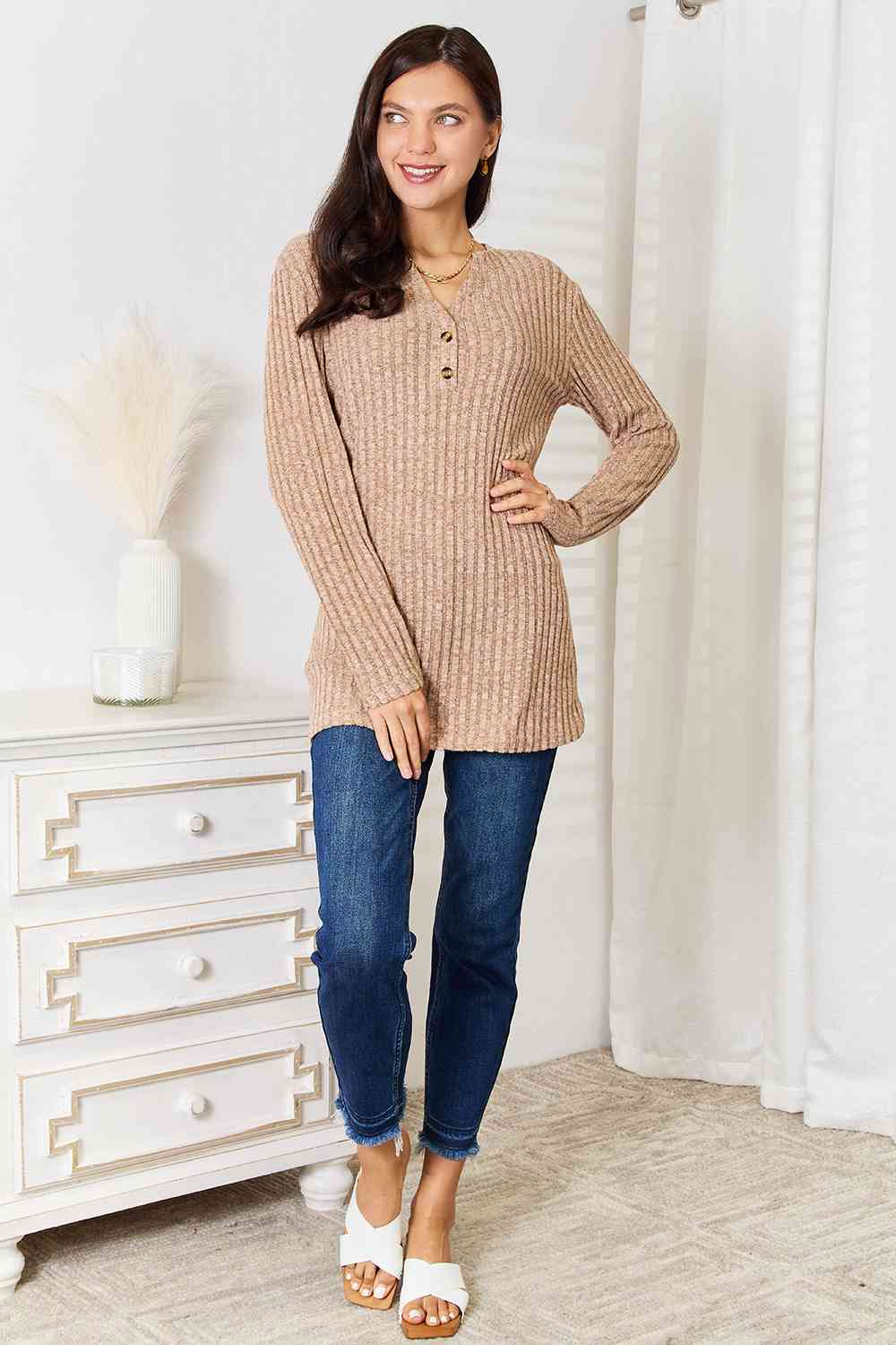 Notched Neck Ribbed Long Sleeve T-ShirtTeeDouble Take