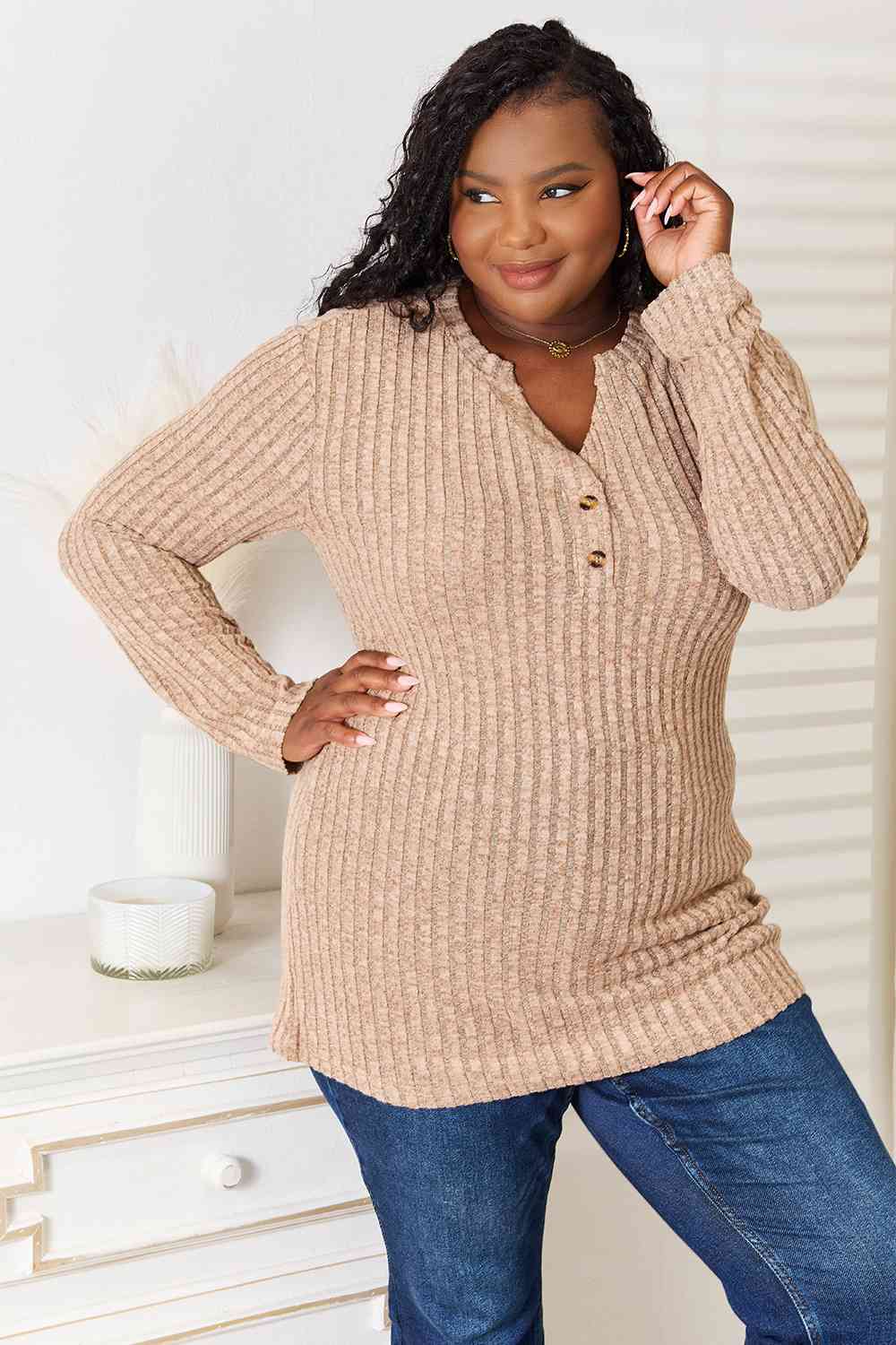 Notched Neck Ribbed Long Sleeve T-ShirtTeeDouble Take