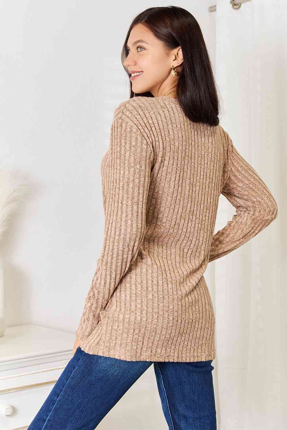 Notched Neck Ribbed Long Sleeve T-ShirtTeeDouble Take