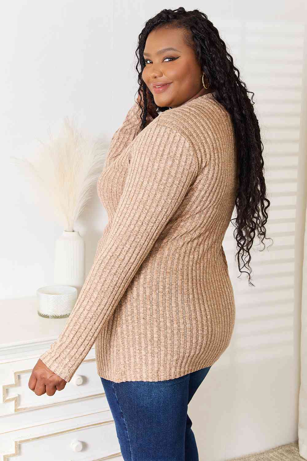 Notched Neck Ribbed Long Sleeve T-ShirtTeeDouble Take