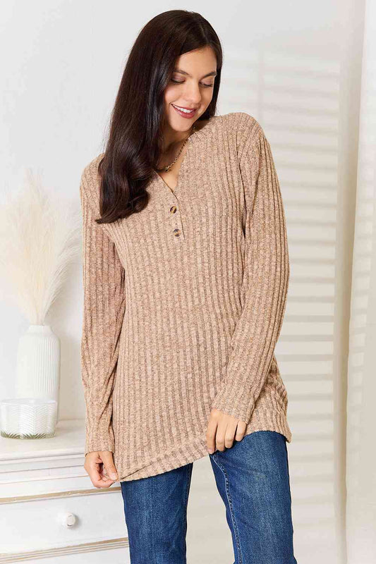Notched Neck Ribbed Long Sleeve T-ShirtTeeDouble Take