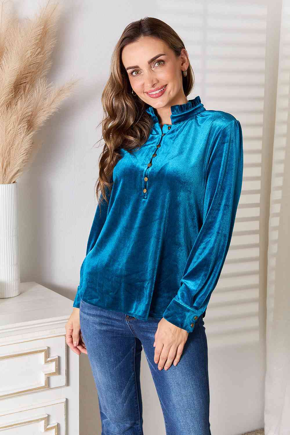 Notched Neckline Buttoned Long Sleeve Velvet Blouse in TurquoiseBlouseDouble Take