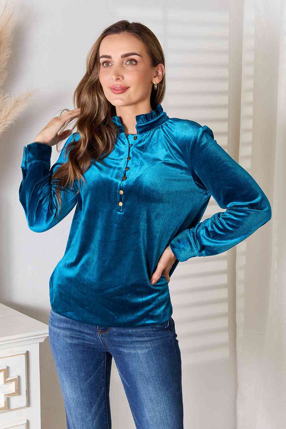Notched Neckline Buttoned Long Sleeve Velvet Blouse in TurquoiseBlouseDouble Take