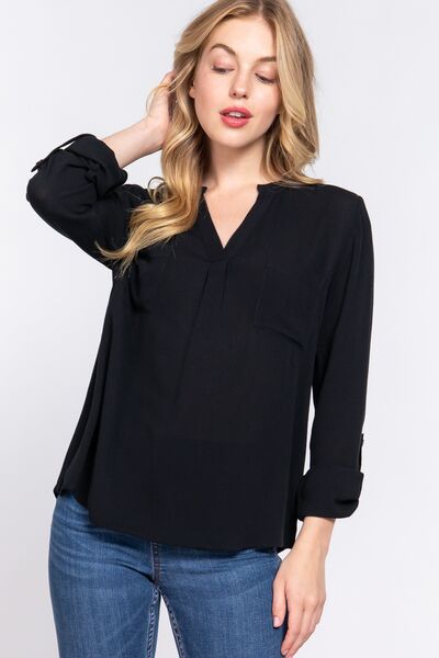 Notched Neckline Long Sleeve Woven Top in BlackTopACTIVE BASIC