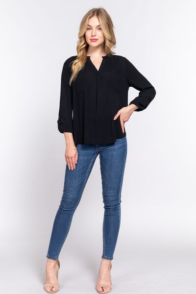 Notched Neckline Long Sleeve Woven Top in BlackTopACTIVE BASIC