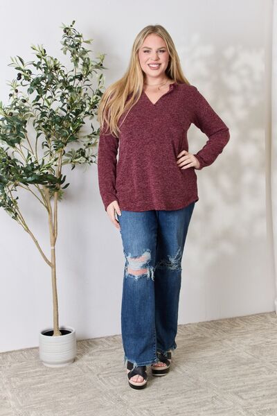 Notched V-Neck Long Sleeve Top in BurgundyTopHeimish