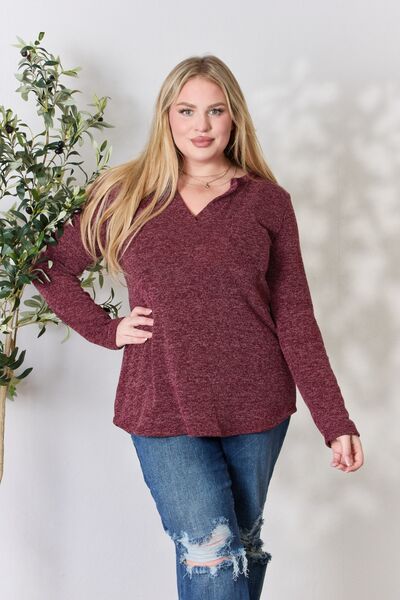 Notched V-Neck Long Sleeve Top in BurgundyTopHeimish