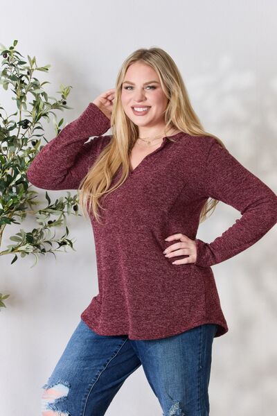 Notched V-Neck Long Sleeve Top in BurgundyTopHeimish