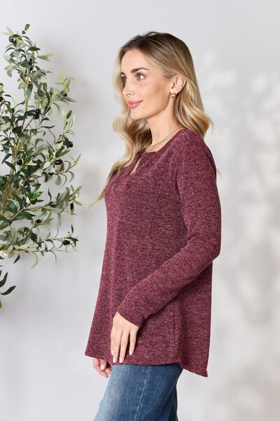 Notched V-Neck Long Sleeve Top in BurgundyTopHeimish