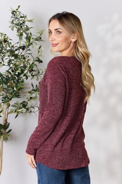 Notched V-Neck Long Sleeve Top in BurgundyTopHeimish