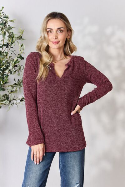 Notched V-Neck Long Sleeve Top in BurgundyTopHeimish