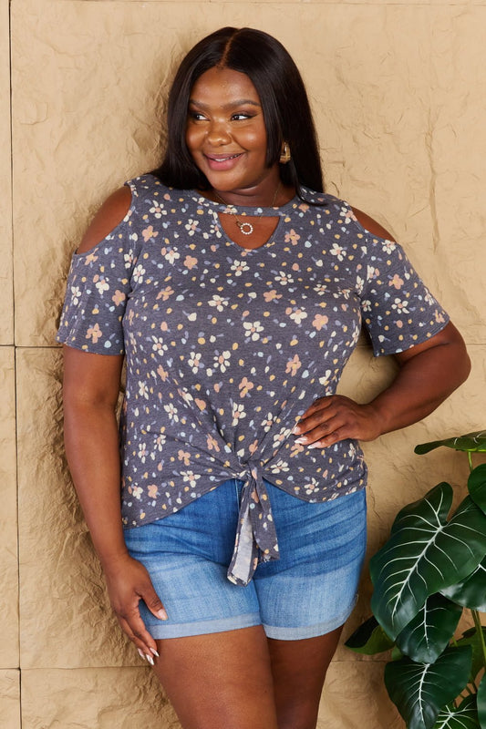 Cold Shoulder Keyhole Floral Print Top in Dusty BlueTopHeimish
