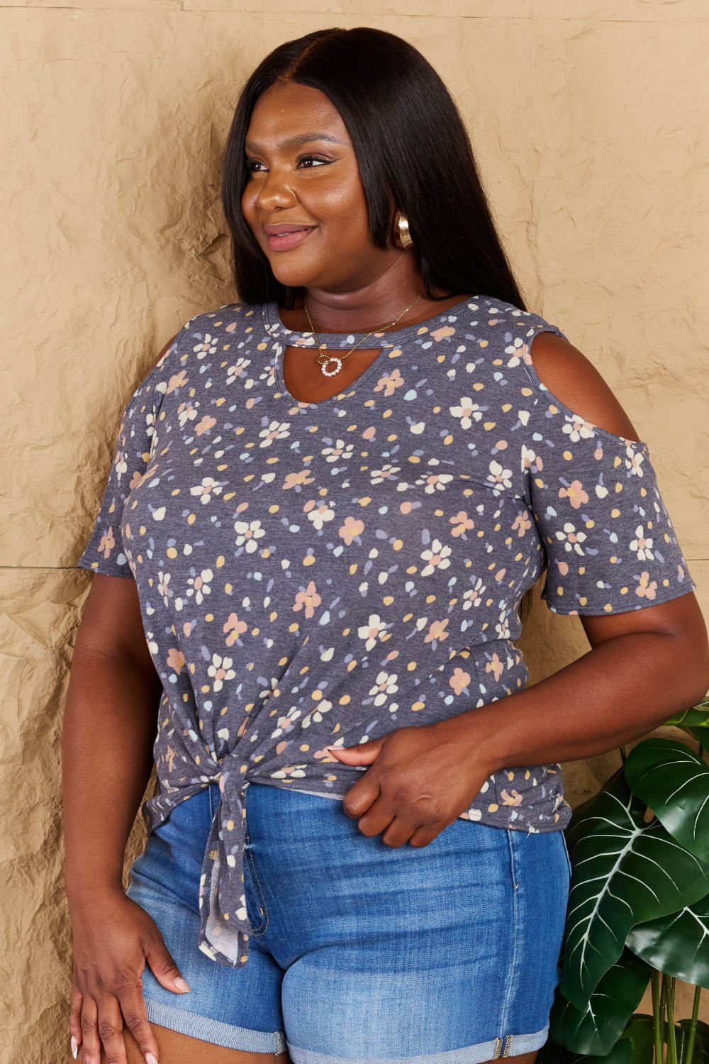 Cold Shoulder Keyhole Floral Print Top in Dusty BlueTopHeimish