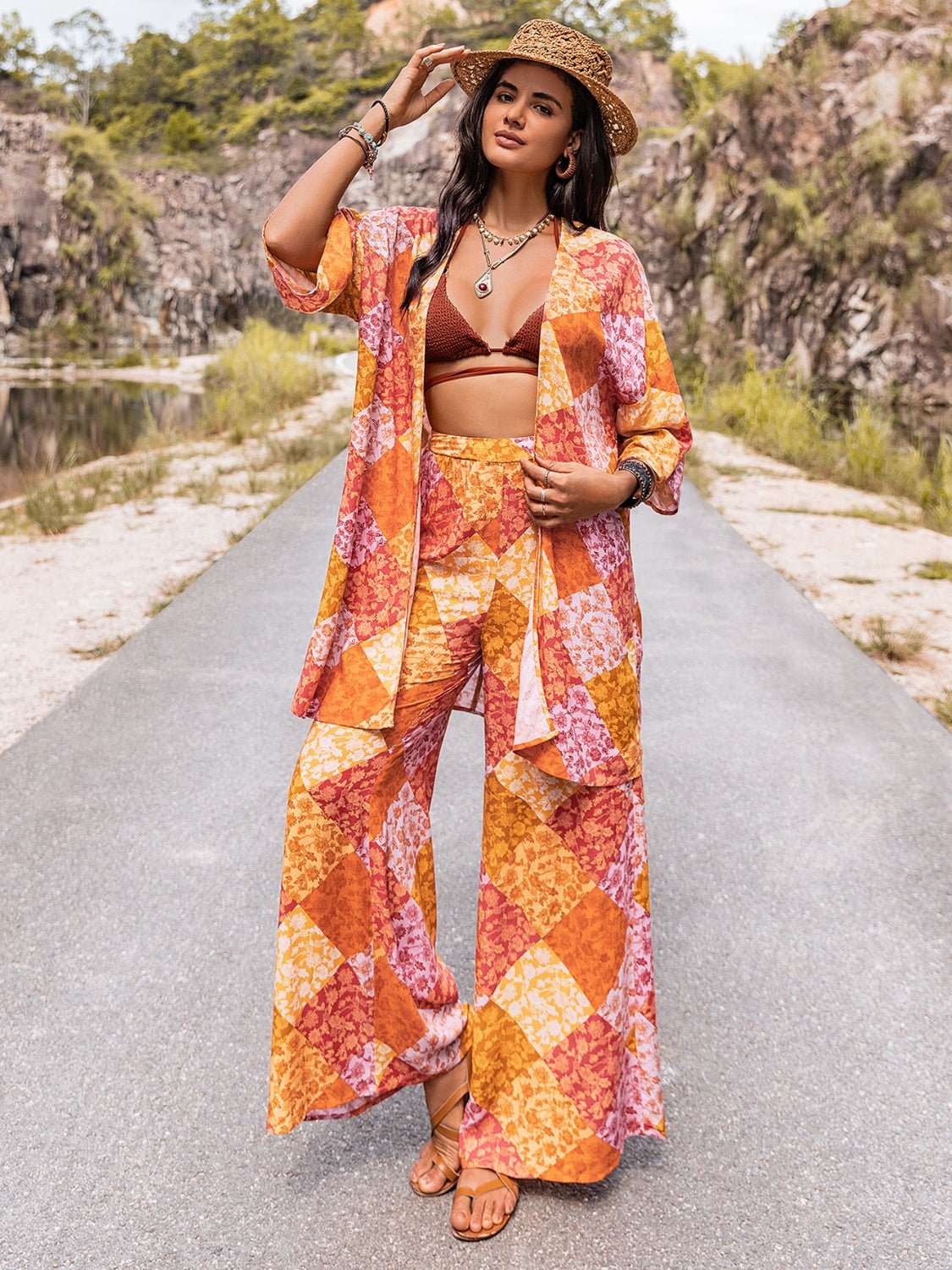 Open Front Cardigan and Wide Leg Pants Set in OrangePants SetBeach Rose Co.