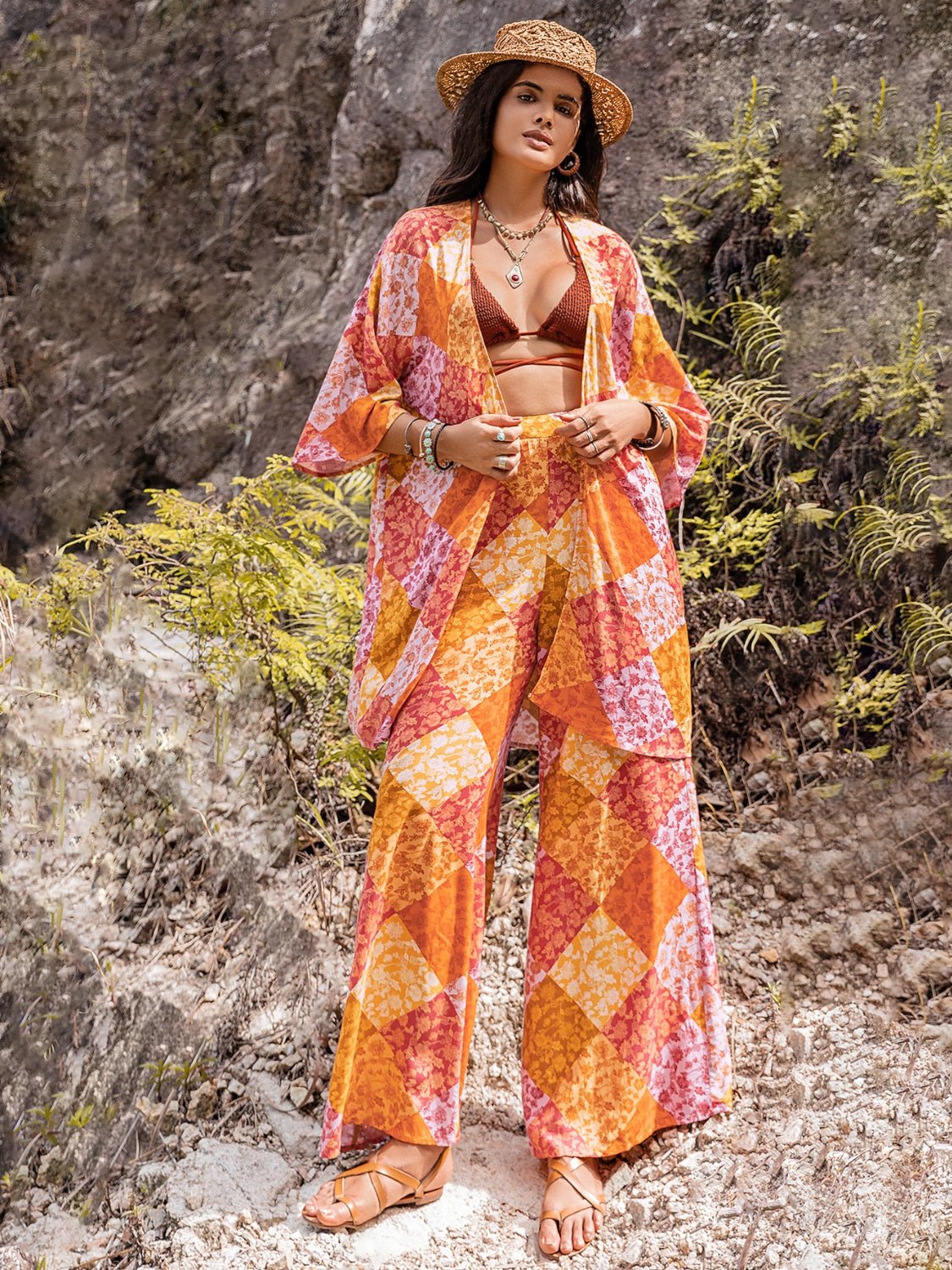 Open Front Cardigan and Wide Leg Pants Set in OrangePants SetBeach Rose Co.