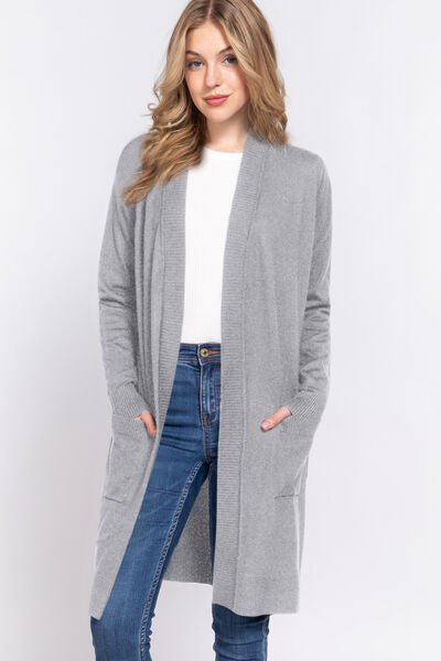 Open Front Rib Trim Long Sleeve Knit Cardigan in Heather GreyCardiganACTIVE BASIC