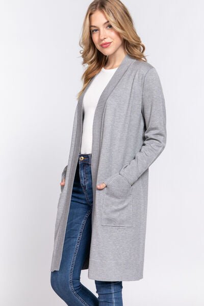 Open Front Rib Trim Long Sleeve Knit Cardigan in Heather GreyCardiganACTIVE BASIC