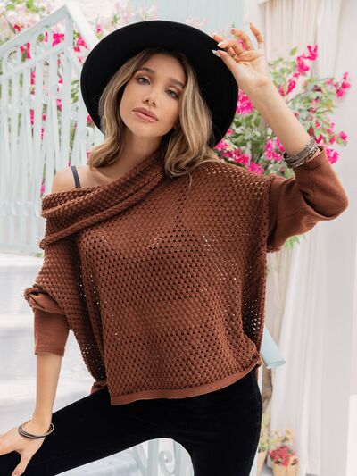 Open Weave Mock Neck Dropped Shoulder Sweater in ChestnutSweaterBeach Rose Co.