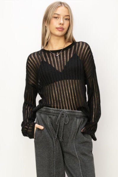 Openwork Ribbed Long Sleeve Knit Top in BlackTopHYFVE