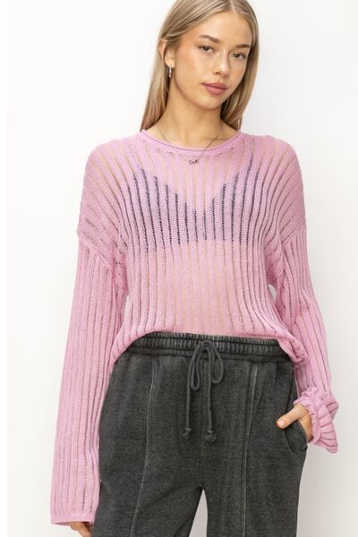 Openwork Ribbed Long Sleeve Knit Top in PinkTopHYFVE