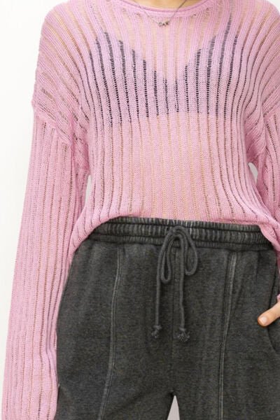 Openwork Ribbed Long Sleeve Knit Top in PinkTopHYFVE