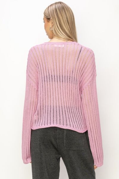 Openwork Ribbed Long Sleeve Knit Top in PinkTopHYFVE