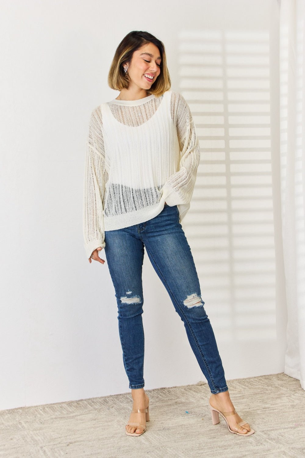 Openwork Ribbed Trim Long Sleeve Knit Top in Whip CreamTopHYFVE