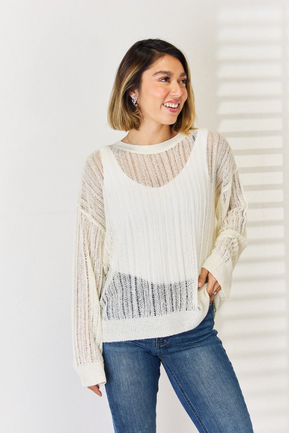 Openwork Ribbed Trim Long Sleeve Knit Top in Whip CreamTopHYFVE