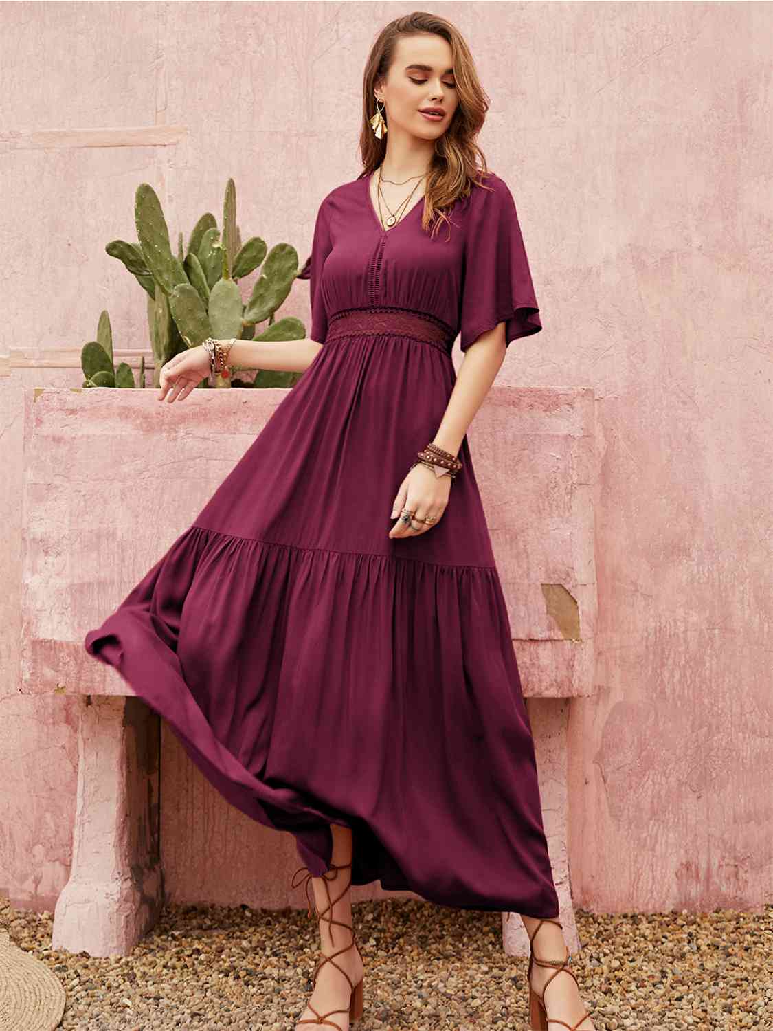 Openwork V-Neck Flare Sleeve Ruched Maxi Dress in CeriseMaxi SkirtBeach Rose Co.