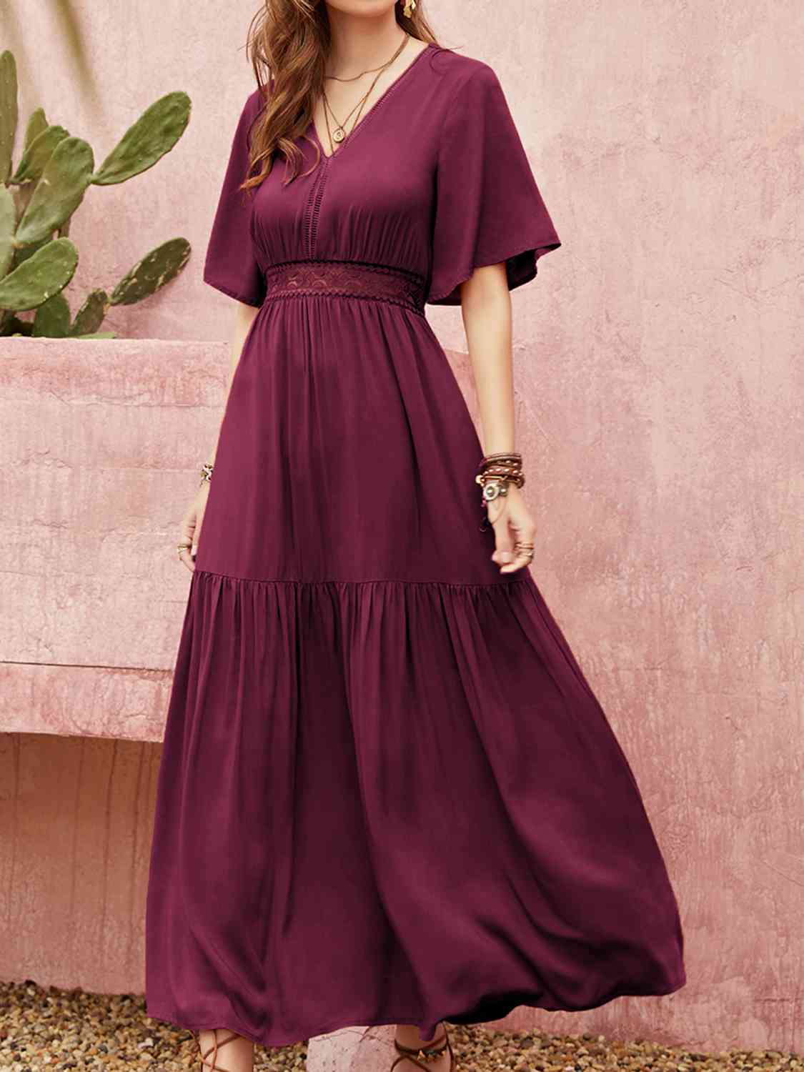 Openwork V-Neck Flare Sleeve Ruched Maxi Dress in CeriseMaxi SkirtBeach Rose Co.