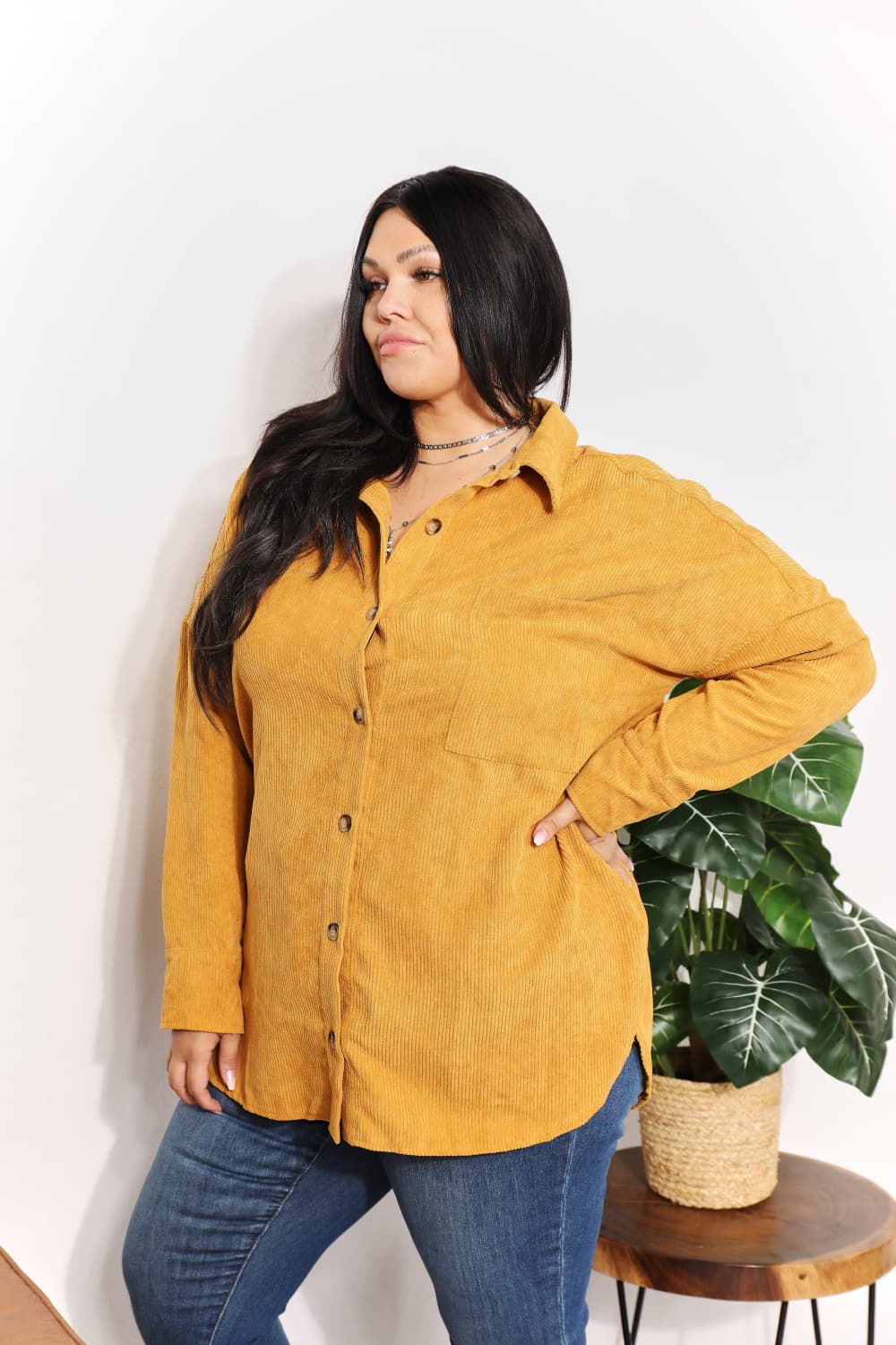 Oversized Corduroy Button-Down Tunic Shirt in MustardShirtHEYSON