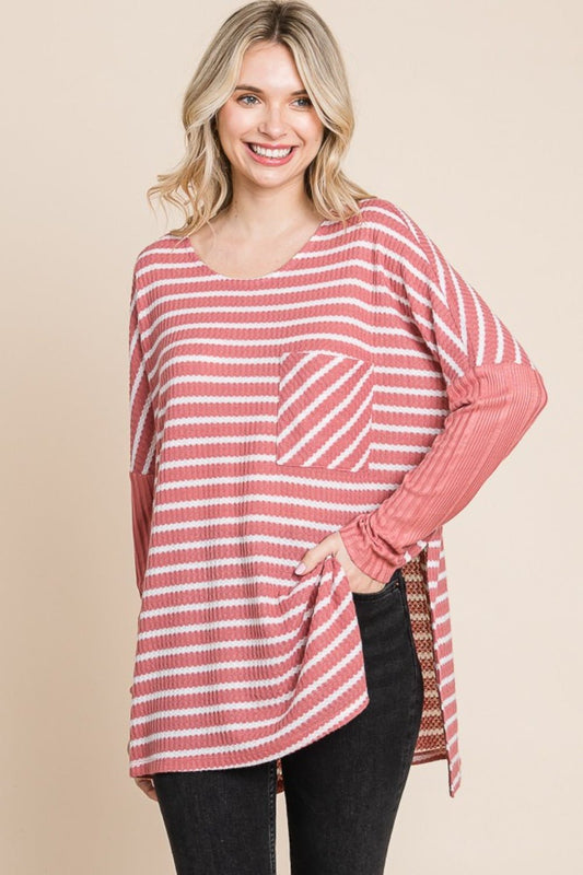 Oversized Striped Crew Neck Long Sleeve Tunic T-Shirt in Dusty RoseT-ShirtCulture Code