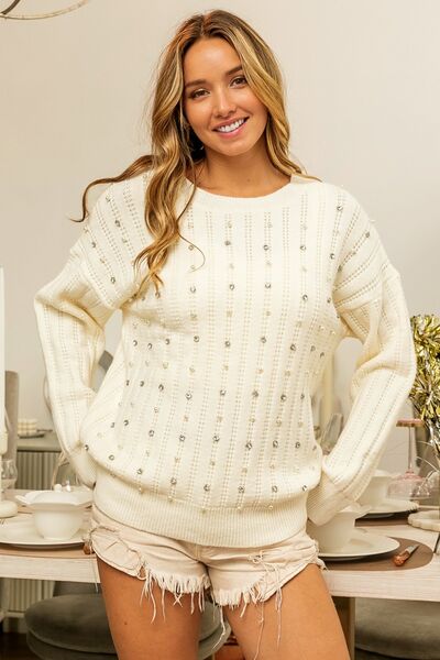 Pearl & Rhinestone Detail Long Sleeve Sweater in IvorySweaterBiBi
