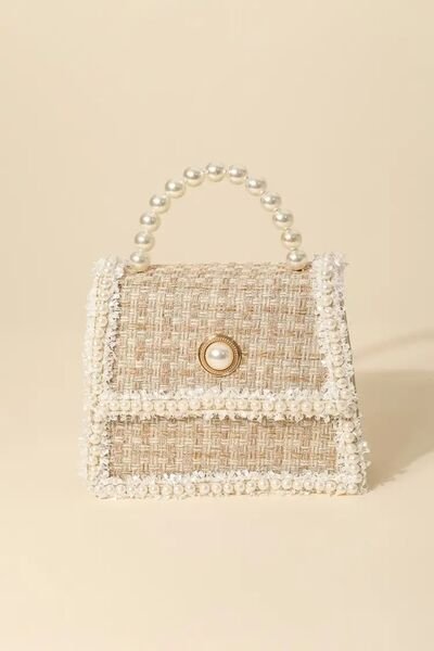 Pearly Trim Woven Handbag in IvoryHandbagFame