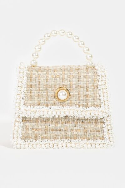 Pearly Trim Woven Handbag in IvoryHandbagFame
