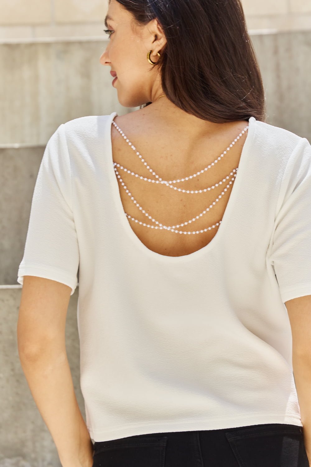 Pearl Detail Open Back T-Shirt in Off WhiteTeeAnd the Why