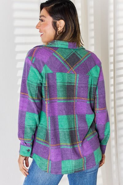 Plaid Button Up Long Sleeve Shacket in Green/PurpleShacketZenana