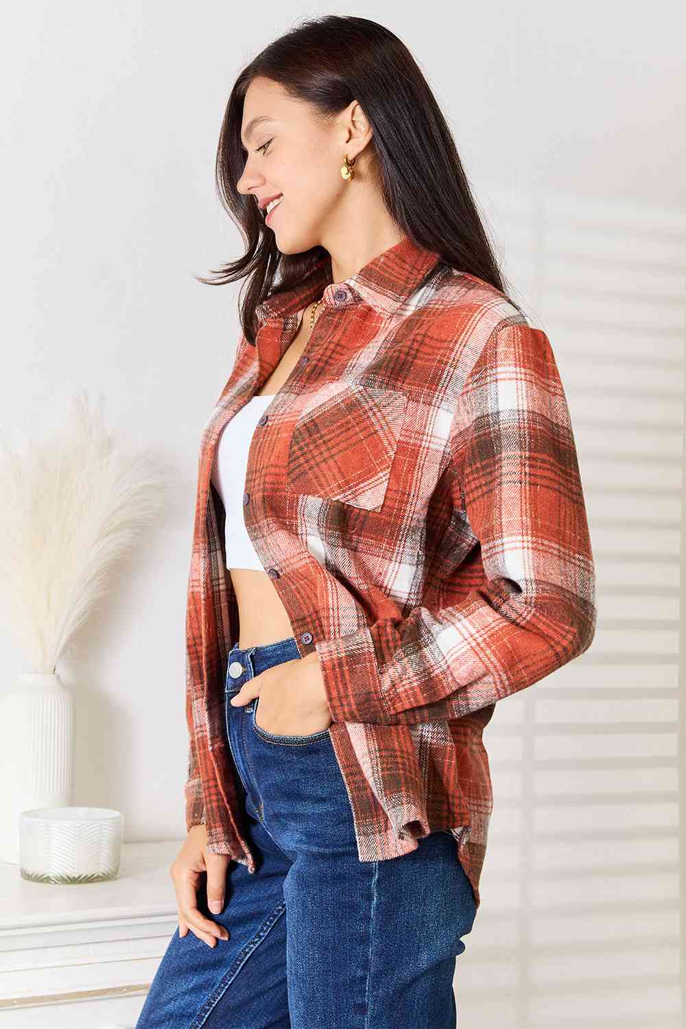 Plaid Collared Neck Long Sleeve ShirtShirtDouble Take